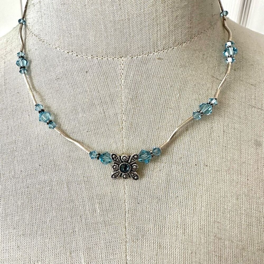 Blue Swarovski flower sterling silver necklace